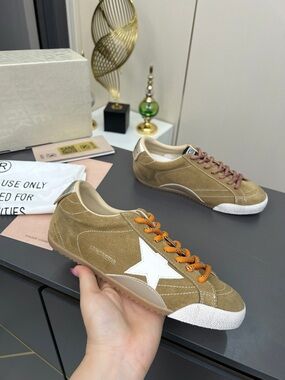 Golden Goose Tan Suede Sneakers with White Star and Orange Laces
